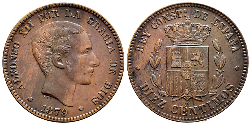 Alfonso XII (1874-1885). 10 centimos. 1879. Barcelona. OM. (Cal-10). Ae. 9,72 g....