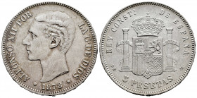 Alfonso XII (1874-1885). 5 pesetas. 1878*18-78. Madrid. DEM. (Cal-39). Ag. 24,81 g. Choice VF. Est...35,00. 

Spanish Description: Alfonso XII (1874...