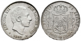 Alfonso XII (1874-1885). 50 centavos de peso. 1885. Manila. (Cal-124). Ag. 12,97 g. lightly rubbed. Choice VF. Est...50,00. 

Spanish Description: A...