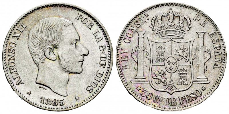 Alfonso XIII (1886-1931). 50 centavos. 1885. Manila. (Cal-124). Ag. 12,87 g. Cho...