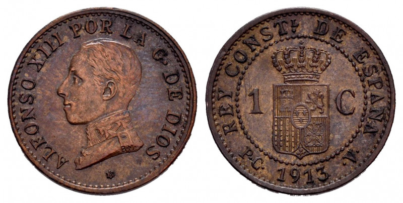 Alfonso XIII (1886-1931). 1 centimo. 1913*3. Madrid. PCV. (Cal-5). Ae. 1,09 g. X...