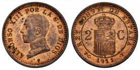 Alfonso XIII (1886-1931). 2 centimos. 1911*11. Madrid. PCV. (Cal-13). Ae. 2,00 g. It retains some luster. Almost MS. Est...15,00. 

Spanish Descript...