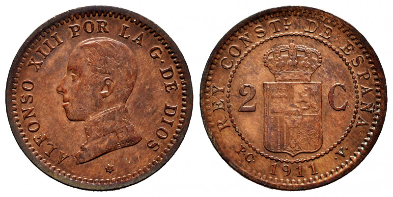 Alfonso XIII (1886-1931). 2 centimos. 1911 *19. Madrid. PCV. (Cal-14). Ae. 2,06 ...