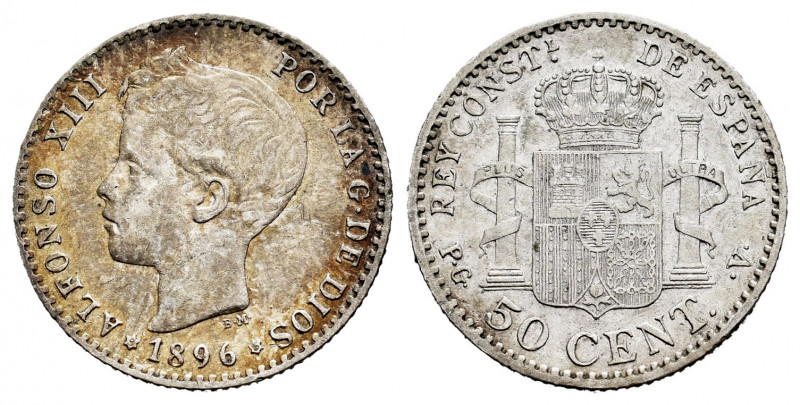 Alfonso XIII (1886-1931). 50 centimos. 1896*9-6. Madrid. PGV. (Cal-44). Ag. 2,52...
