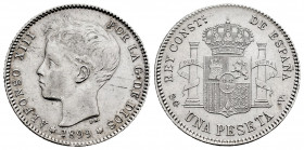 Alfonso XIII (1886-1931). 1 peseta. 1899*_ _-_ _. Madrid. SGV. (Cal-57). Ag. 5,05 g. Almost XF. Est...40,00. 

Spanish Description: Alfonso XIII (18...