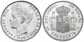 Alfonso XIII (1886-1931). 1 peseta. 1900*1_-00. Madrid. SMV. (Cal 2008-44). Ag. 4,99 g. XF. Est...40,00. 

Spanish Description: Alfonso XIII (1886-1...