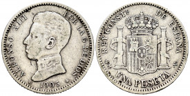 Alfonso XIII (1886-1931). 1 peseta. 1905*19-05. Madrid. SMV. (Cal-70). Ag. 4,90 g. Scarce. Almost VF. Est...35,00. 

Spanish Description: Alfonso XI...