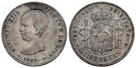 Alfonso XIII (1886-1931). 2 pesetas. 1892*_ _-82. Madrid. PGM. (Cal-85). Ag. 9,95 g. Almost VF. Est...18,00. 

Spanish Description: Alfonso XIII (18...