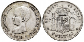 Alfonso XIII (1886-1931). 5 pesetas. 1888. Madrid. MPM. (Cal-92). Ag. 24,99 g. VF. Est...30,00. 

Spanish Description: Alfonso XIII (1886-1931). 5 p...