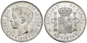 Alfonso XIII (1886-1931). 5 pesetas. 1898. Madrid. SGV. (Cal-109). Ag. 25,15 g. Hairlines and knock on edge. Choice VF. Est...25,00. 

Spanish Descr...