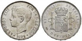 Alfonso XIII (1886-1931). 5 pesetas. 1899*18-99. Madrid. SGV. (Cal-110). Ag. 24,91 g. Cleaned. Choice VF. Est...30,00. 

Spanish Description: Alfons...