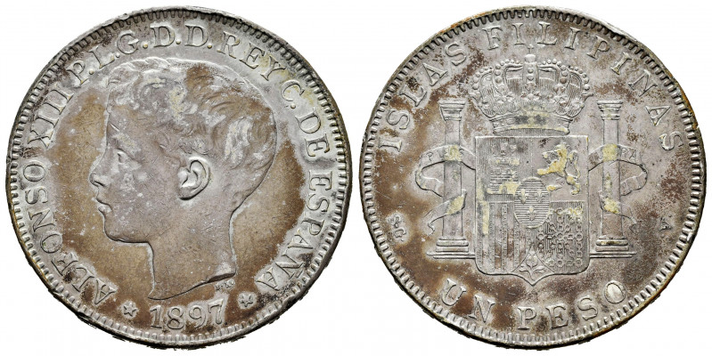 Alfonso XIII (1886-1931). 1 peso. 1897. Manila. SGV. (Cal-122). Ag. 24,91 g. Dir...