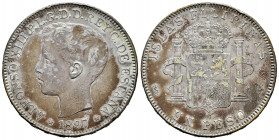 Alfonso XIII (1886-1931). 1 peso. 1897. Manila. SGV. (Cal-122). Ag. 24,91 g. Dirty. Minor nicks on edge. Almost VF. Est...35,00. 

Spanish Descripti...
