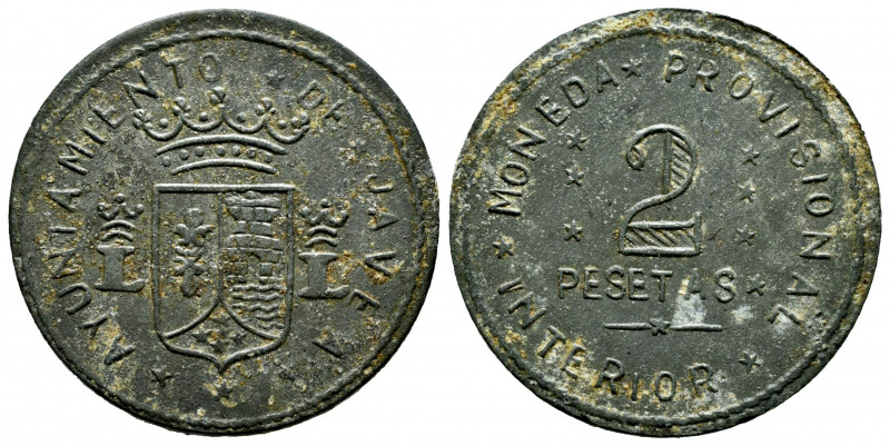 Civil War (1936-1939). 2 pesetas. Jávea. (V.S.-246). 5,85 g. Rare. Choice VF. Es...