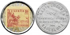 Civil War (1936-1939). 10 centimos. Barcelona. (L-1398 ). RADIO LUCARDA. Aluminium and celluloid. Aluminium disc with 10 Centimos of Cid postage stamp...