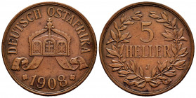 East Africa. 5 heller. 1908. J. (Km-11). Ae. 19,76 g. Choice VF. Est...90,00. 

Spanish Description: Africa del Este. 5 heller. 1908. J. (Km-11). Ae...