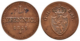 Germany. Hesse-Darmstadt. 1 pfennig. 1819. (Km-283). Ae. 1,33 g. Choice VF. Est...15,00. 

Spanish Description: Alemania. Hesse-Darmstadt. 1 pfennig...
