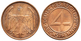 Germany. Weimar Republic. 4 pfennig. 1932. F. (Jaeger-315). (Km-75). Ae. 4,96 g. Choice VF. Est...20,00. 

Spanish Description: Alemania. República ...