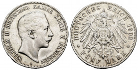 Germany. Prussia. Wilhelm II. 5 mark. 1902. Berlin. A. (Km-523). (Dav-789). Ag. 27,65 g. Scratch on obverse. Cleaned. Choice VF. Est...35,00. 

Span...