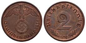 Germany. Third Reich. 2 reichspfennig. 1938. Berlin. A. (Km-90). Ae. 3,31 g. With some original luster remaining. AU. Est...10,00. 

Spanish Descrip...