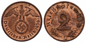 Germany. Third Reich. 2 reichspfennig. 1939. Stuttgart. F. (Km-90). Ae. 3,33 g. With some original luster remaining. AU. Est...10,00. 

Spanish Desc...