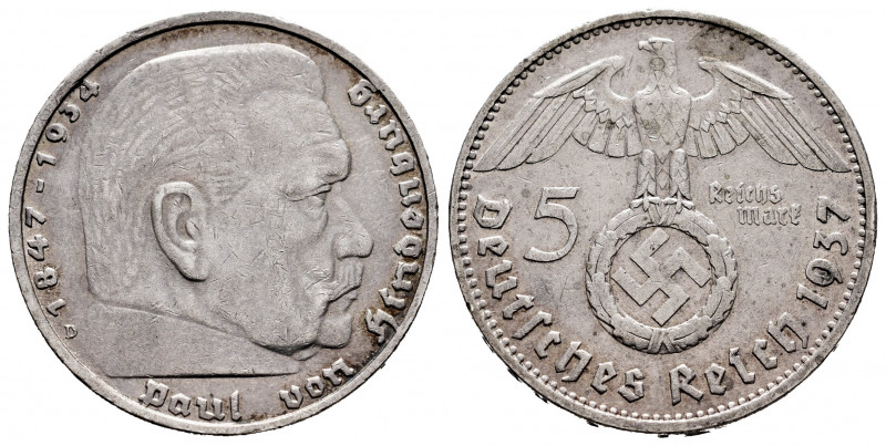 Germany. Third Reich. 5 reichsmark. 1937. München. D. (Km-94). Ag. 13,80 g. Almo...