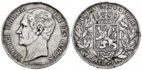 Belgium. Leopold I. 5 francs. 1849. (Km-17). Ag. 24,88 g. Minor striking error on edge. Almost VF. Est...25,00. 

Spanish Description: Bélgica. Leop...
