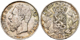 Belgium. Leopold II. 5 francs. 1869. (Km-24). Ag. 24,93 g. Choice VF. Est...30,00. 

Spanish Description: Bélgica. Leopold II. 5 francs. 1869. (Km-2...