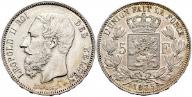 Belgium. Leopold III. 5 francs. 1875. (Km-24). Ag. 24,93 g. Slightly cleaned. Almost XF. Est...35,00. 

Spanish Description: Bélgica. Leopold III. 5...