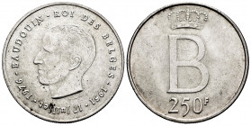 Belgium. Balduino. 250 francs. 1976. (Km-157.1). Ag. 24,90 g. Frech legend. AU. Est...25,00. 

Spanish Description: Bélgica. Balduino. 250 francs. 1...