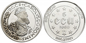 Belgium. Balduino. 5 ecu. 1988. (Km-166). Ag. 22,84 g. 300th Anniversary of the Treaty of Rome. PR. Est...25,00. 

Spanish Description: Bélgica. Bal...