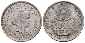 Brazil. 1000 reis. 1913. (Km-510). Ag. 9,95 g. Almost MS. Est...25,00. 

Spanish Description: Brasil. 1000 reis. 1913. (Km-510). Ag. 9,95 g. SC-. Es...