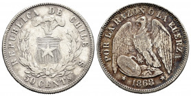 Chile. 50 centavos. 1868. Santiago. (Km-139). Ag. 12,34 g. Minor nicks. VF/Choice VF. Est...25,00. 

Spanish Description: Chile. 50 centavos. 1868. ...