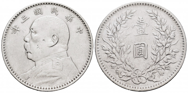 China. Yuan Shih-kai. 1 dollar. 1914. (Y-329). Ag. 26,76 g. lightly rubbed. VF. ...