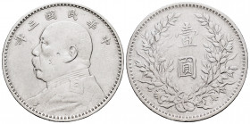 China. Yuan Shih-kai. 1 dollar. 1914. (Y-329). Ag. 26,76 g. lightly rubbed. VF. Est...80,00. 

Spanish Description: China. Yuan Shih-kai. 1 dollar. ...