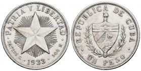Cuba. 1 peso. 1933. (Km-15.2). Ag. 26,64 g. Marks on reverse. VF. Est...30,00. 

Spanish Description: Cuba. 1 peso. 1933. (Km-15.2). Ag. 26,64 g. Ma...