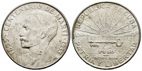 Cuba. 1 peso. 1953. (Km-29). Ag. 26,77 g. Centennial of Jose Marti. Almost XF. Est...25,00. 

Spanish Description: Cuba. 1 peso. 1953. (Km-29). Ag. ...