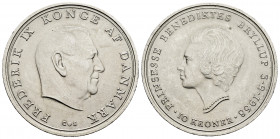 Denmark. 10 kroner. 1968. (Km-857). Ag. 20,38 g. AU. Est...20,00. 

Spanish Description: Dinamarca. 10 kroner. 1968. (Km-857). Ag. 20,38 g. EBC+. Es...