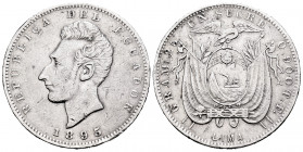 Ecuador. 1 sucre. 1895. Lima. TF. (Km-53.3). Ag. 24,71 g. Cleaned. VF. Est...20,00. 

Spanish Description: Ecuador. 1 sucre. 1895. Lima. TF. (Km-53....