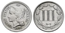 United States. 3 cents. 1881. (Km-95). 1,84 g. XF. Est...35,00. 

Spanish Description: Estados Unidos. 3 centavos. 1881. (Km-95). Cu-Ni. 1,84 g. EBC...