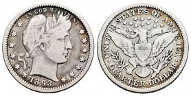 United States. 1/4 dollar. 1893. Philadelphia. (Km-114). Ag. 5,93 g. Choice F. Est...25,00. 

Spanish Description: Estados Unidos. 1/4 dollar. 1893....