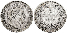 France. Louis Philippe I. 5 francs. 1834. Paris. A. (Km-749.1). (Gad-678). Ag. 24,72 g. Choice F. Est...25,00. 

Spanish Description: Francia. Louis...