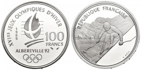 France. 100 francs. 1992. (Km-971). Ag. 22,25 g. 1992 Olympics, Albertville - Alpine Skiing. PR. Est...30,00. 

Spanish Description: Francia. 100 fr...