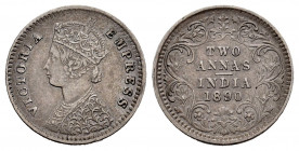 British India. Victoria Queen. 2 annas. 1890. B. (Km-488). Ag. 1,45 g. Scarce. VF. Est...35,00. 

Spanish Description: India Británica. Victoria. 2 ...