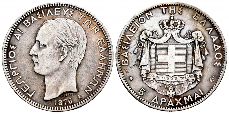 Greece. George I. 5 drachms. 1876. Paris. A. (Km-46). Ag. 25,03 g. Almost VF. Es...