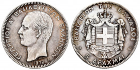 Greece. George I. 5 drachms. 1876. Paris. A. (Km-46). Ag. 25,03 g. Almost VF. Est...30,00. 

Spanish Description: Grecia. George I. 5 dracmas. 1876....