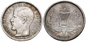 Guatemala. 1 peso. 1864. R. (Km-182). Ag. 24,34 g. Almost VF. Est...30,00. 

Spanish Description: Guatemala. 1 peso. 1864. R. (Km-182). Ag. 24,34 g....