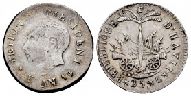 Haiti. 25 centimes. 1817 (AN 14). (Km-15.2). Ag. 2,41 g. Almost VF/VF. Est...35,00. 

Spanish Description: Haití. 25 centimes. 1817 (AN 14). (Km-15....