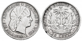 Haiti. 20 centimes. 1882. (Km-45). Ag. 4,91 g. Knocks on edge. Choice VF. Est...20,00. 

Spanish Description: Haití. 20 centimes. 1882. (Km-45). Ag....