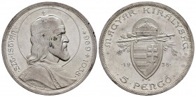 Hungary. 5 pengo. 1938. Budapest. BP. (Km-516). Ag. 25,00 g. Almost MS. Est...40,00. 

Spanish Description: Hungría. 5 pengo. 1938. Budapest. BP. (K...